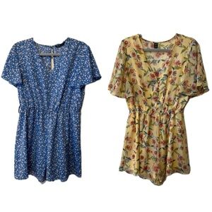 2 Women’s Floral Rompers, size Large, Blue w/ Daisies + Soft Yellow w/ Roses
